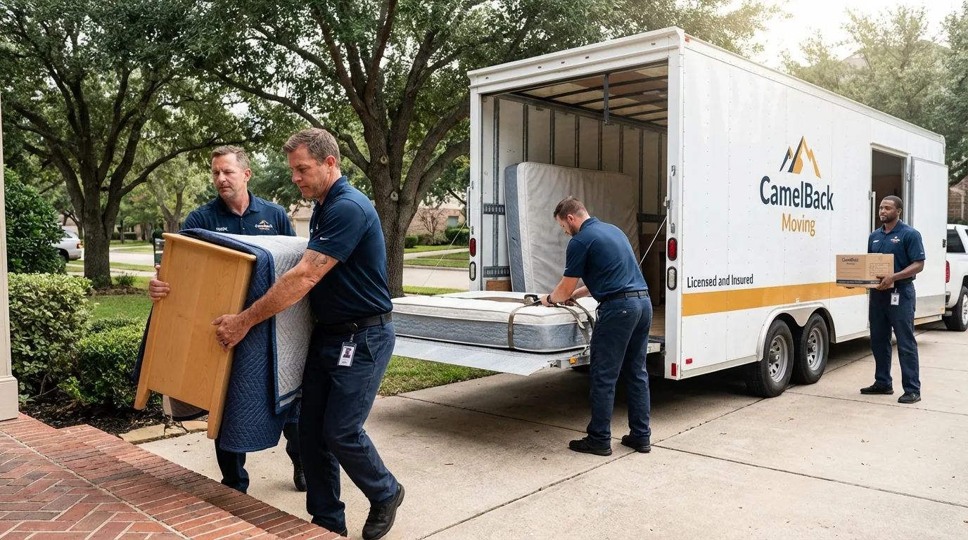 Crew loading residential truck for cross-state move from Milo, ME