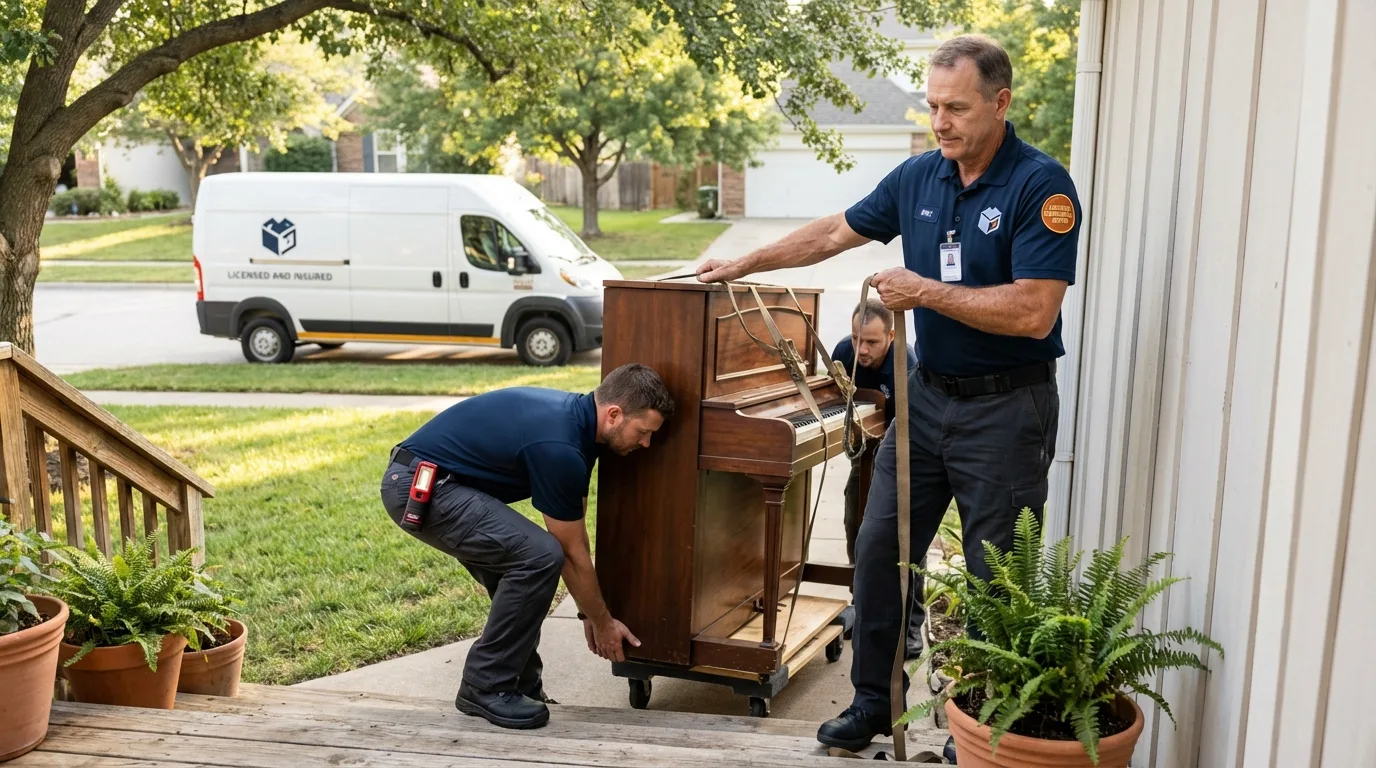 Licensed piano movers securing grand piano in Milo, ME