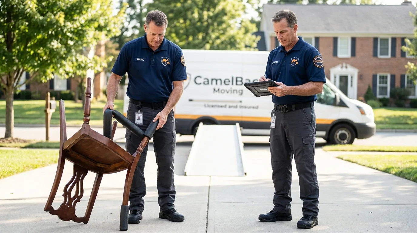 Movers inspecting furniture for damage prevention before loading in Milo, ME