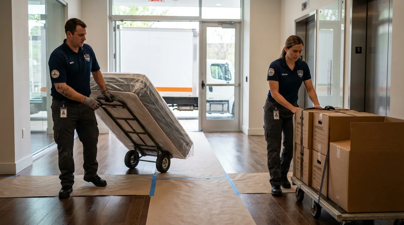 Professional apartment movers loading elevator in Milo, ME