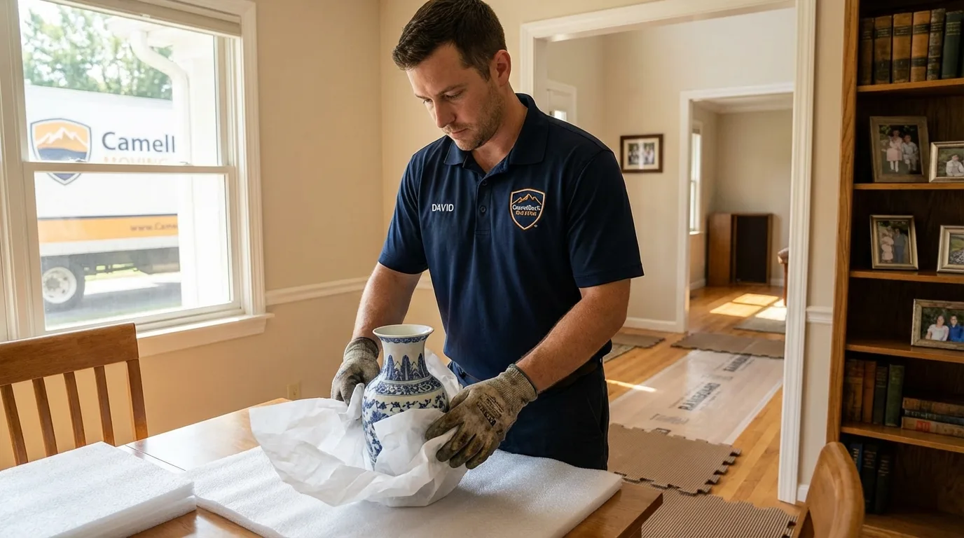 Professional crew carefully wrapping antique vase for senior downsizing move in Milo, ME