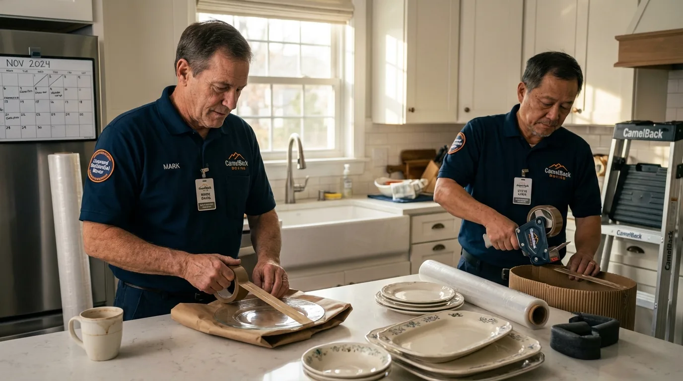Professional crew packing kitchen dishware in Milo, ME